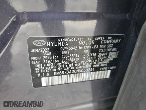 2022 Hyundai Santa Fe Limited with VIN KM8S7DA20NU050744, listed as a Copart auction lot 52359535 with 47,565 mi miles and Salvage title. Bid and sale history available at DreamBid. Image 13.