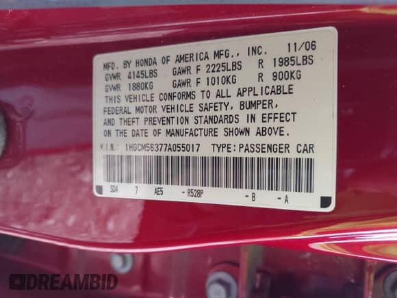 2007 Honda Accord LX SE with VIN 1HGCM56377A055017, listed as a IAAI auction lot 43560198 with 181,436 mi miles and . Bid and sale history available at DreamBid. Image 9.