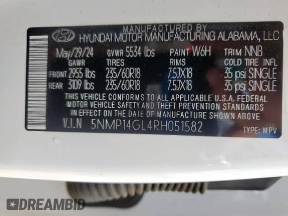 2024 Hyundai Santa Fe SE с VIN 5NMP14GL4RH051582, выставлен на аукционе Copart как лот 65966815 с пробегом 27 914 миль миль и Списание • Salvage title. История ставок и продаж доступна на DreamBid. Изображение 13.