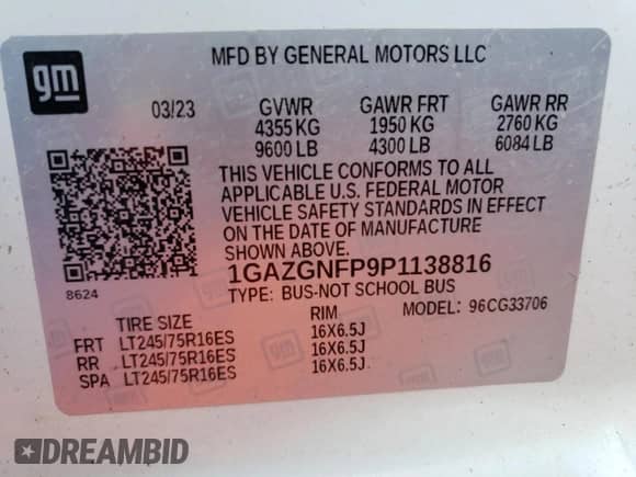 2023 Chevrolet Express Passenger LS с VIN 1GAZGNFP9P1138816, выставлен на аукционе Copart как лот 49766225 с пробегом 105 216 миль миль и Списание • Salvage title. История ставок и продаж доступна на DreamBid. Изображение 13.