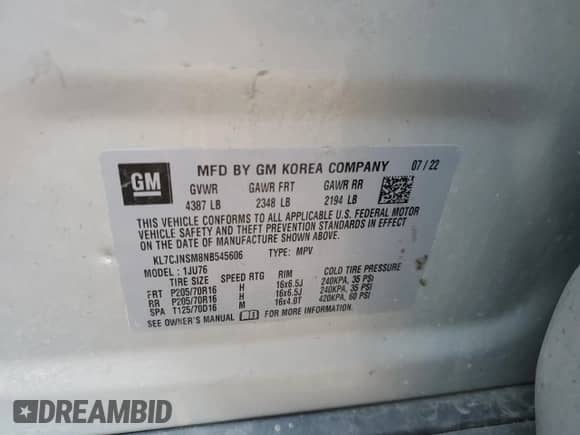 2022 Chevrolet Trax LS с VIN KL7CJNSM8NB545606, выставлен на аукционе Copart как лот 71590295 с пробегом 24 708 миль миль и Списание • Salvage title. История ставок и продаж доступна на DreamBid. Изображение 14.