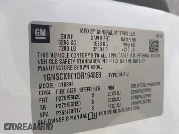 2013 Chevrolet Suburban LTZ with VIN 1GNSCKE01DR194888, listed as a IAAI auction lot 42722951 with 257,786 mi miles and . Bid and sale history available at DreamBid. Image 9.