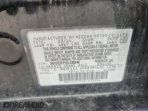 2014 Nissan Note SV with VIN 3N1CE2CP1EL430846, listed as a Copart auction lot 82446995 with 114,594 mi miles and Salvage title. Bid and sale history available at DreamBid. Image 14.
