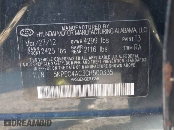 2012 Hyundai Sonata SE z VIN 5NPEC4AC3CH500335, wystawiony jako IAAI lot #43528547 z przebiegiem 92 763 mil mil oraz . Historia ofert i sprzedaży dostępna na DreamBid. Obrazek 9.