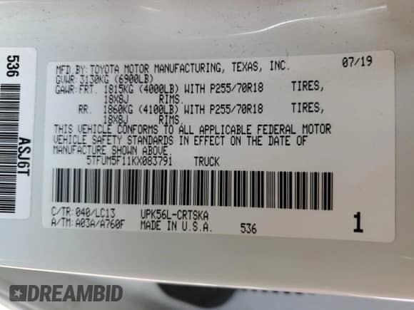 2019 Toyota Tundra SR z VIN 5TFUM5F11KX083791, wystawiony jako Copart lot #44741785 z przebiegiem 209 889 mil mil oraz Szkoda całkowita • Salvage title. Historia ofert i sprzedaży dostępna na DreamBid. Obrazek 13.