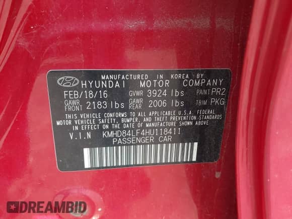 2017 Hyundai Elantra Value Edition with VIN KMHD84LF4HU118411, listed as a IAAI auction lot 42468556 with 113,400 mi miles and . Bid and sale history available at DreamBid. Image 9.