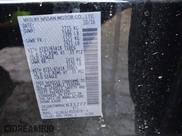 2017 Nissan Pathfinder SV with VIN 5N1DR2MM9HC633277, listed as a IAAI auction lot 41697958 with 51,891 mi miles and . Bid and sale history available at DreamBid. Image 9.