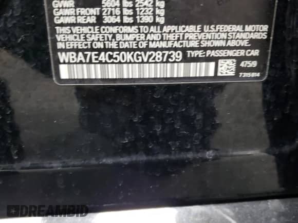 2019 BMW 7 Series 740i xDrive with VIN WBA7E4C50KGV28739, listed as a Copart auction lot 69882784 with 24,695 mi miles and Clean title. Bid and sale history available at DreamBid. Image 12.