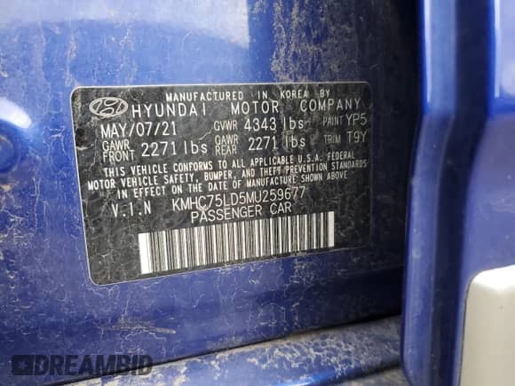 2021 Hyundai Ioniq SEL с VIN KMHC75LD5MU259677, выставлен на аукционе Copart как лот 37066464 с пробегом 43 254 миль миль и Списание • Salvage title. История ставок и продаж доступна на DreamBid. Изображение 13.