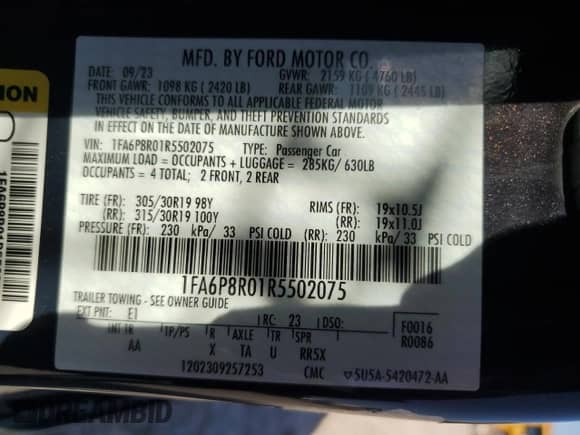 2024 Ford Mustang Dark Horse with VIN 1FA6P8R01R5502075, listed as a Copart auction lot 81902315 with 21,402 mi miles and Salvage title. Bid and sale history available at DreamBid. Image 13.