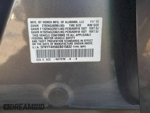 2014 Honda Pilot EX-L with VIN 5FNYF4H56EB015832, listed as a Copart auction lot 81958215 with 231,558 mi miles and Salvage title. Bid and sale history available at DreamBid. Image 13.