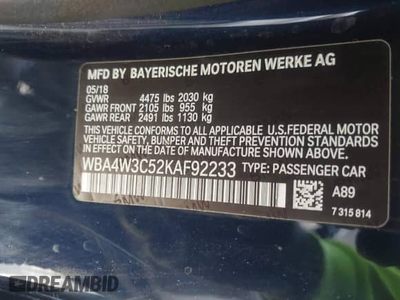 2019 BMW 4 Series 430i with VIN WBA4W3C52KAF92233, listed as a IAAI auction lot 41472809 with 41,279 mi miles and . Bid and sale history available at DreamBid. Image 9.