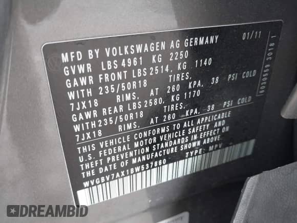 2011 Volkswagen Tiguan S with VIN WVGBV7AX1BW537860, listed as a IAAI auction lot 43047660 with 93,764 mi miles and . Bid and sale history available at DreamBid. Image 9.