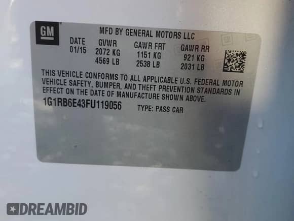 2015 Chevrolet Volt с VIN 1G1RB6E43FU119056, выставлен на аукционе Copart как лот 38134093 с пробегом 96 035 миль миль и . История ставок и продаж доступна на DreamBid. Изображение 12.