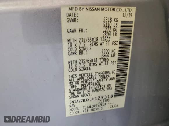 2020 Nissan Murano SV z VIN 5N1AZ2BJXLN123318, wystawiony jako Copart lot #61756565 z przebiegiem 127 288 mil mil oraz Szkoda całkowita • Salvage title. Historia ofert i sprzedaży dostępna na DreamBid. Obrazek 14.