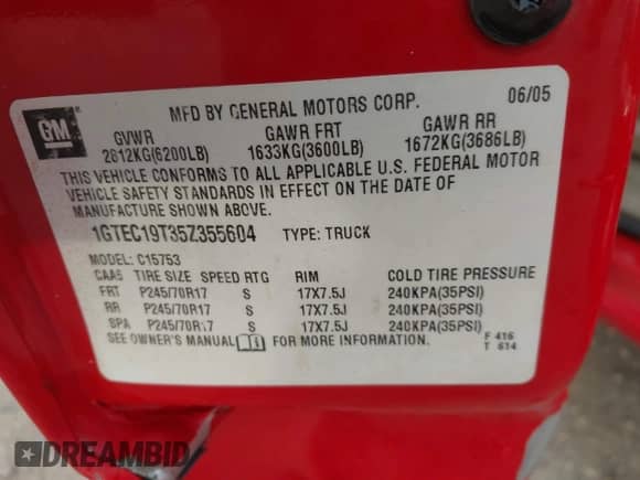 2005 GMC Sierra 1500 SLT with VIN 1GTEC19T35Z355604, listed as a IAAI auction lot 41283645 with 186,908 mi miles and . Bid and sale history available at DreamBid. Image 9.