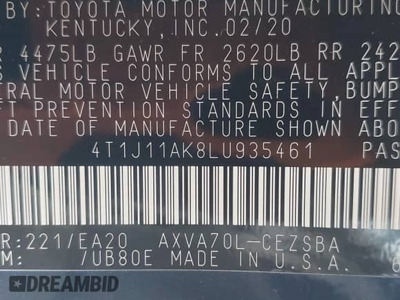 2020 Toyota Camry SE z VIN 4T1J11AK8LU935461, wystawiony jako IAAI lot #42354964 z przebiegiem 70 212 mil mil oraz . Historia ofert i sprzedaży dostępna na DreamBid. Obrazek 9.