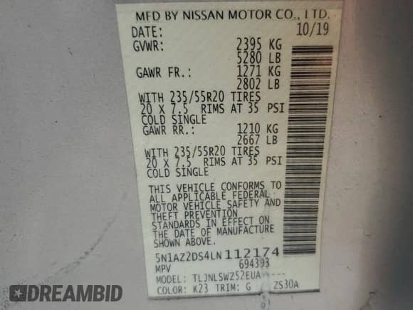 2020 Nissan Murano Platinum with VIN 5N1AZ2DS4LN112174, listed as a Copart auction lot 67897525 with 93,557 mi miles and Salvage title. Bid and sale history available at DreamBid. Image 14.