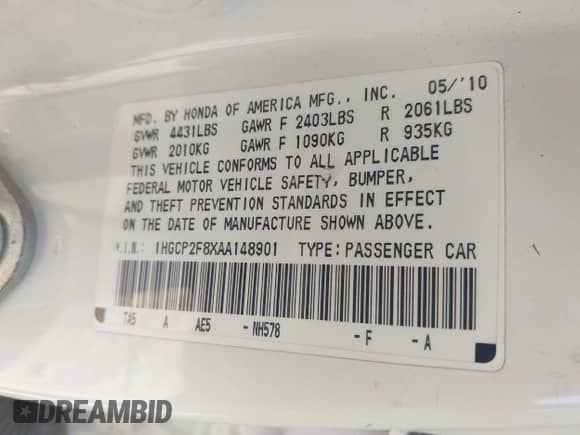 2010 Honda Accord EX-L с VIN 1HGCP2F8XAA148901, выставлен на аукционе IAAI как лот 43258614 с пробегом 233 366 миль миль и . История ставок и продаж доступна на DreamBid. Изображение 9.