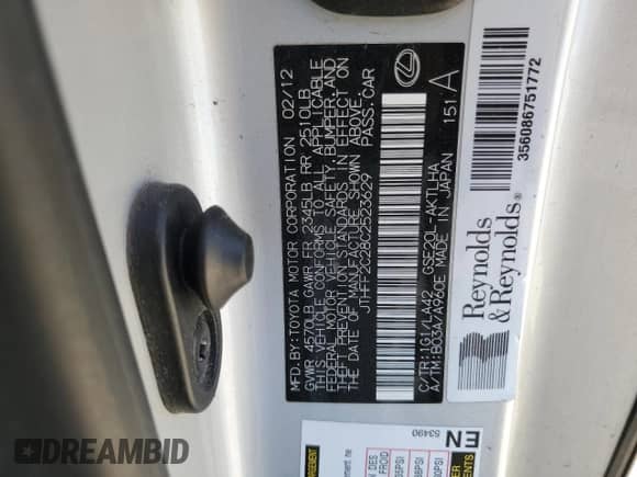 2012 Lexus IS 250 C с VIN JTHFF2C28C2523629, выставлен на аукционе Copart как лот 56779045 с пробегом 109 626 миль миль и Списание • Salvage title. История ставок и продаж доступна на DreamBid. Изображение 12.