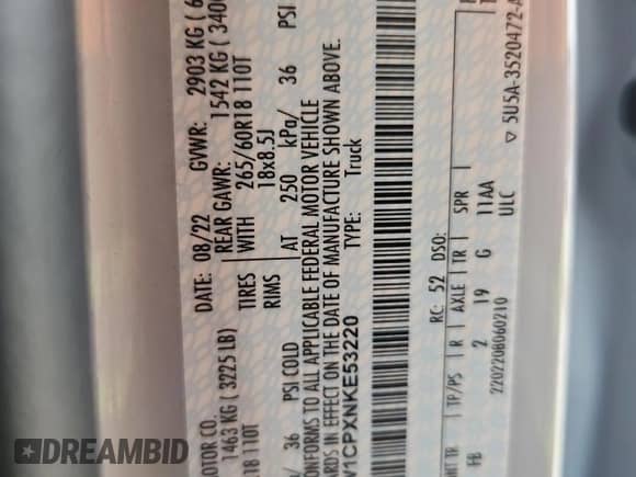 2022 Ford F-150 XL с VIN 1FTEW1CPXNKE53220, выставлен на аукционе Copart как лот 70423565 с пробегом 65 417 миль миль и Списание • Salvage title. История ставок и продаж доступна на DreamBid. Изображение 12.