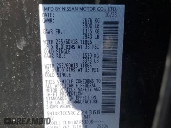 2024 Nissan Pathfinder SL with VIN 5N1DR3CC5RC224368, listed as a Copart auction lot 68449425 with 5,580 mi miles and Salvage title. Bid and sale history available at DreamBid. Image 13.