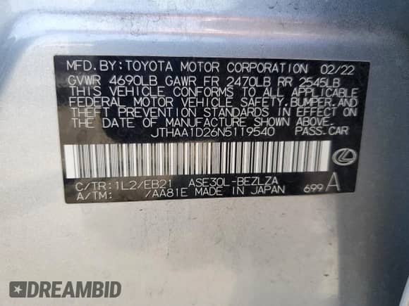 2022 Lexus IS 300 z VIN JTHAA1D26N5119540, wystawiony jako Copart lot #64757845 z przebiegiem 49 182 mil mil oraz Szkoda całkowita • Salvage title. Historia ofert i sprzedaży dostępna na DreamBid. Obrazek 13.