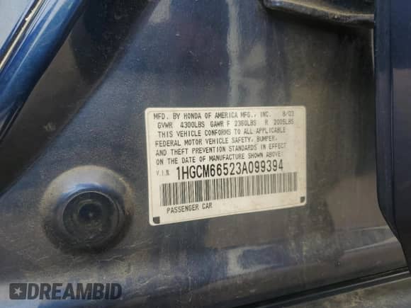 2003 Honda Accord EX с VIN 1HGCM66523A099394, выставлен на аукционе Copart как лот 69144855 с пробегом 262 898 миль миль и Списание • Salvage title. История ставок и продаж доступна на DreamBid. Изображение 12.