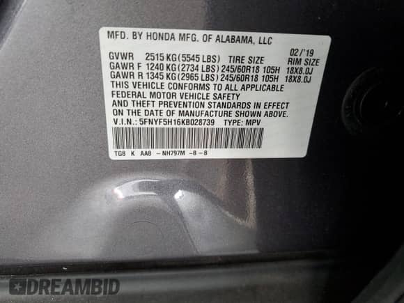 2019 Honda Pilot LX z VIN 5FNYF5H16KB028739, wystawiony jako Copart lot #82199485 z przebiegiem 42 920 mil mil oraz Szkoda całkowita • Salvage title. Historia ofert i sprzedaży dostępna na DreamBid. Obrazek 13.