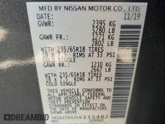 2020 Nissan Murano S with VIN 5N1AZ2AS2LN115482, listed as a Copart auction lot 68812695 with 43,262 mi miles and Salvage title. Bid and sale history available at DreamBid. Image 13.