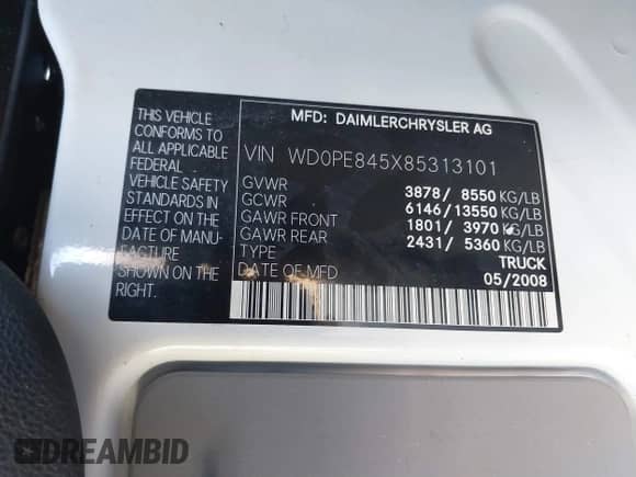 2008 Dodge Sprinter with VIN WD0PE845X85313101, listed as a IAAI auction lot 41646021 with 253,055 mi miles and . Bid and sale history available at DreamBid. Image 9.