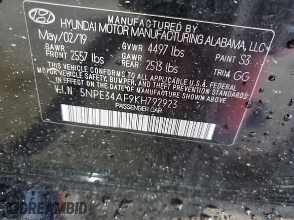 2019 Hyundai Sonata SEL with VIN 5NPE34AF9KH792923, listed as a Copart auction lot 84893285 with Not provided miles and Non repairable. Bid and sale history available at DreamBid. Image 13.