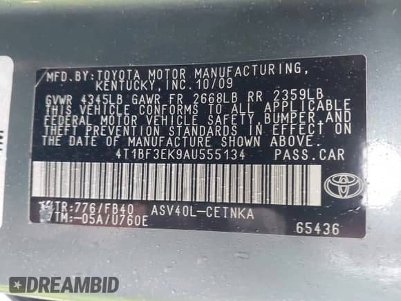 2010 Toyota Camry with VIN 4T1BF3EK9AU555134, listed as a IAAI auction lot 43416458 with 221,113 mi miles and . Bid and sale history available at DreamBid. Image 9.