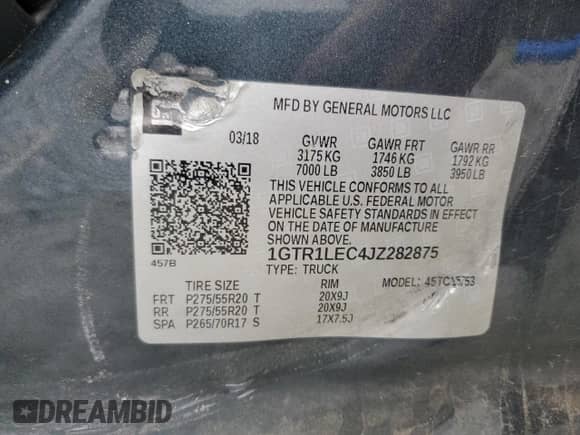 2018 GMC Sierra 1500 z VIN 1GTR1LEC4JZ282875, wystawiony jako Copart lot #86800714 z przebiegiem 163 872 mil mil oraz Szkoda całkowita • Salvage title. Historia ofert i sprzedaży dostępna na DreamBid. Obrazek 14.