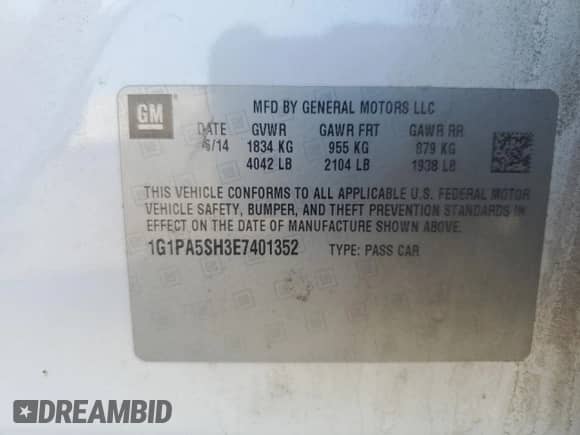 2014 Chevrolet Cruze LS z VIN 1G1PA5SH3E7401352, wystawiony jako Copart lot #84993525 z przebiegiem 216 204 mil mil oraz Szkoda całkowita • Salvage title. Historia ofert i sprzedaży dostępna na DreamBid. Obrazek 12.