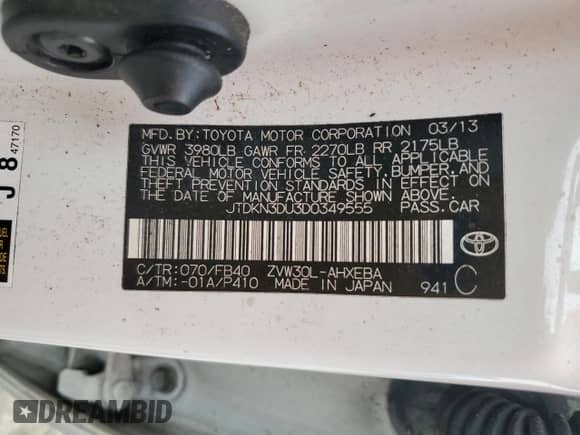 2013 Toyota Prius One with VIN JTDKN3DU3D0349555, listed as a Copart auction lot 90304165 with Not provided miles and Clean title. Bid and sale history available at DreamBid. Image 12.