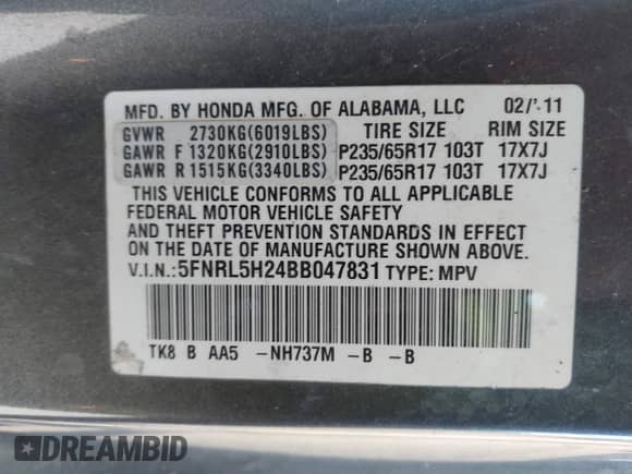 2011 Honda Odyssey LX с VIN 5FNRL5H24BB047831, выставлен на аукционе IAAI как лот 43393129 с пробегом 307 948 миль миль и . История ставок и продаж доступна на DreamBid. Изображение 9.