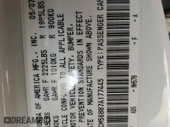 2007 Honda Accord EX-L with VIN 1HGCM56887A177445, listed as a Copart auction lot 84269095 with 191,583 mi miles and Salvage title. Bid and sale history available at DreamBid. Image 12.