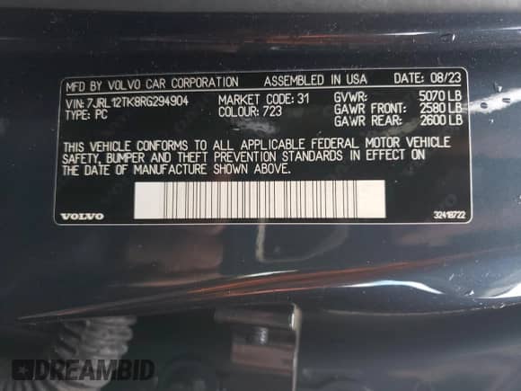 2024 Volvo S60 Core Dark Theme z VIN 7JRL12TK8RG294904, wystawiony jako Copart lot #85921915 z przebiegiem 47 867 mil mil oraz Czysty tytuł • Clean title. Historia ofert i sprzedaży dostępna na DreamBid. Obrazek 13.