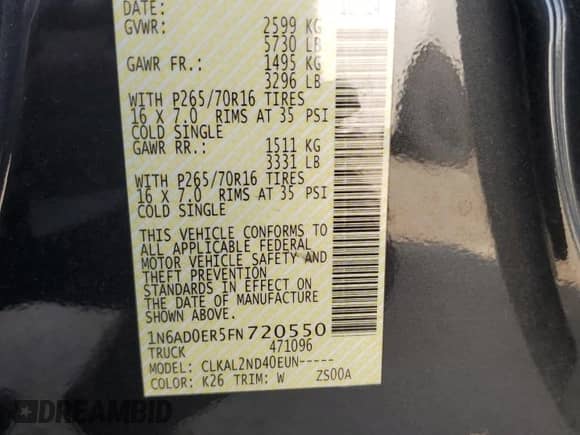 2015 Nissan Frontier SV with VIN 1N6AD0ER5FN720550, listed as a Copart auction lot 68286465 with 61,657 mi miles and Salvage title. Bid and sale history available at DreamBid. Image 13.