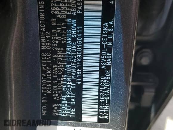 2012 Toyota Camry L z VIN 4T1BF1FK9CU160411, wystawiony jako Copart lot #86804265 z przebiegiem 132 949 mil mil oraz Szkoda całkowita • Salvage title. Historia ofert i sprzedaży dostępna na DreamBid. Obrazek 12.