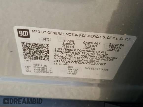 2024 Chevrolet Equinox RS с VIN 3GNAXWEGXRS131667, выставлен на аукционе Copart как лот 84860605 с пробегом 27 335 миль миль и Списание • Salvage title. История ставок и продаж доступна на DreamBid. Изображение 13.