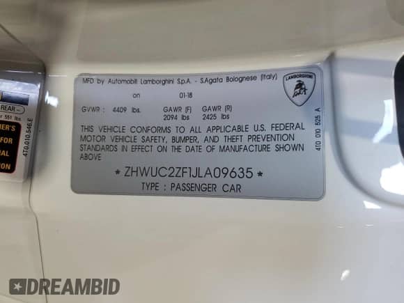 2018 Lamborghini Huracan LP 580-2 с VIN ZHWUC2ZF1JLA09635, выставлен на аукционе Copart как лот 60612885 с пробегом 22 907 миль миль и Списание • Salvage title. История ставок и продаж доступна на DreamBid. Изображение 12.