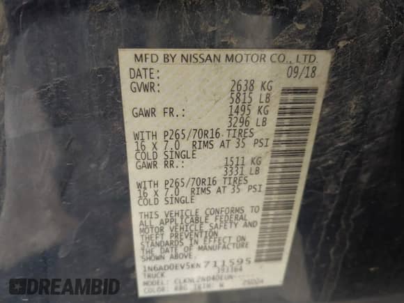 2019 Nissan Frontier SV with VIN 1N6AD0EV5KN711595, listed as a IAAI auction lot 43467928 with 177,282 mi miles and . Bid and sale history available at DreamBid. Image 9.