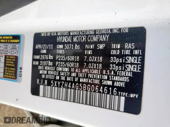 2011 Hyundai Santa Fe SE с VIN 5XYZH4AG5BG064616, выставлен на аукционе Copart как лот 81414845 с пробегом 171 354 миль миль и Списание • Salvage title. История ставок и продаж доступна на DreamBid. Изображение 12.