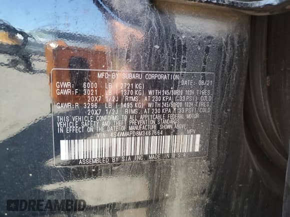 2021 Subaru Ascent Limited with VIN 4S4WMAPD8M3467664, listed as a Copart auction lot 68902535 with Not provided miles and Salvage title. Bid and sale history available at DreamBid. Image 13.