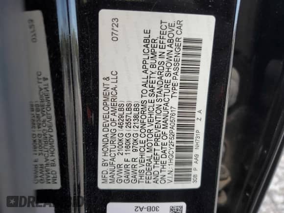 2023 Honda Accord Sport с VIN 1HGCY2F52PA057617, выставлен на аукционе Copart как лот 71724265 с пробегом 50 553 миль миль и Списание • Salvage title. История ставок и продаж доступна на DreamBid. Изображение 13.