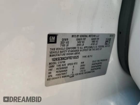 2015 Chevrolet Tahoe LT с VIN 1GNSCBKC9FR216525, выставлен на аукционе Copart как лот 55747815 с пробегом 213 112 миль миль и Списание • Salvage title. История ставок и продаж доступна на DreamBid. Изображение 13.