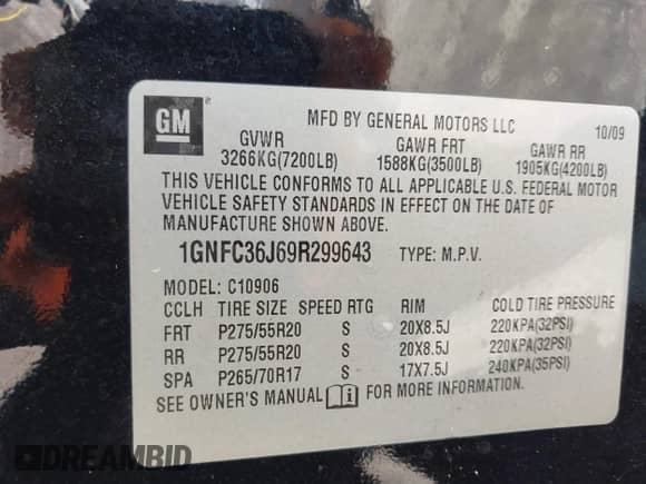 2009 Chevrolet Suburban LTZ с VIN 1GNFC36J69R299643, выставлен на аукционе IAAI как лот 42857351 с пробегом 157 941 миль миль и . История ставок и продаж доступна на DreamBid. Изображение 9.