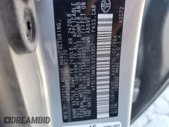 2020 Toyota Camry LE z VIN 4T1C11AK8LU351957, wystawiony jako Copart lot #86512345 z przebiegiem 83 646 mil mil oraz Szkoda całkowita • Salvage title. Historia ofert i sprzedaży dostępna na DreamBid. Obrazek 13.